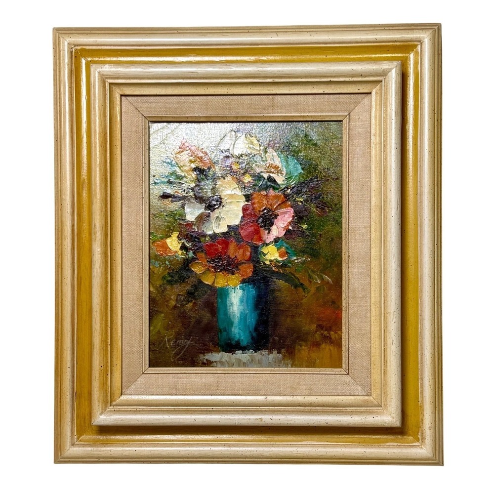 Vintage Signed Original Oil Painting Floral Still Life Framed Fine Art MCM Remy